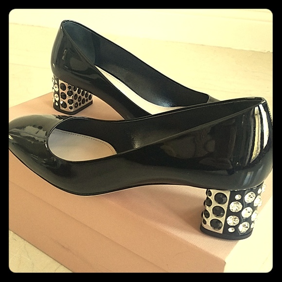 Miu Miu Shoes - Miu Miu jewel crystal heel black patent shoes 36